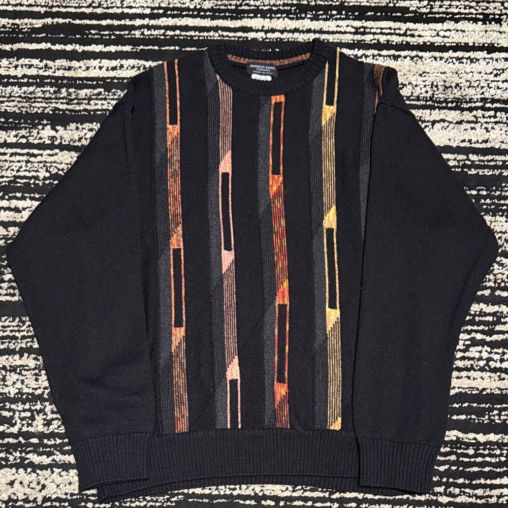 Men's Black Crewneck Sweater with Multicolor Stripes